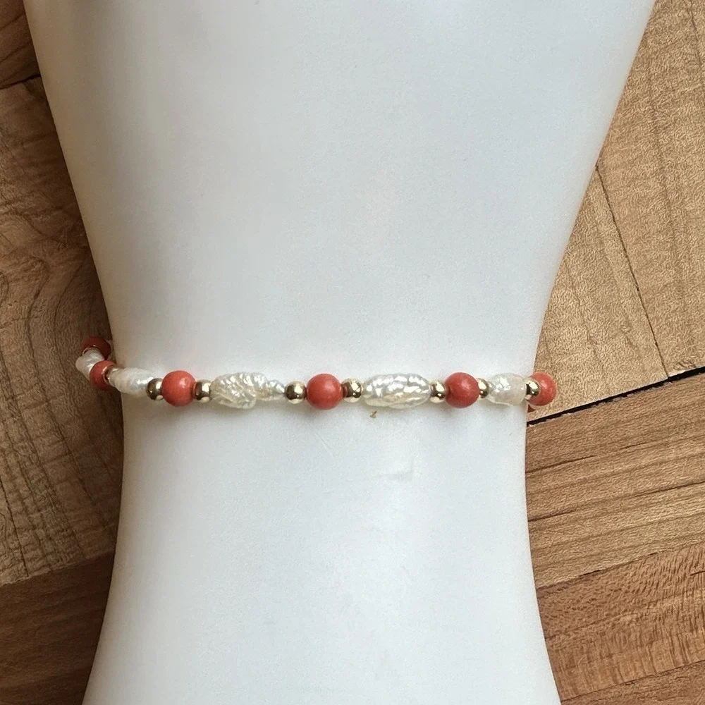 Artisan Bracelet 6.25 Inch 14k Gold Baroque‎ Fresh Water Pearl Coral Beads 2.0g